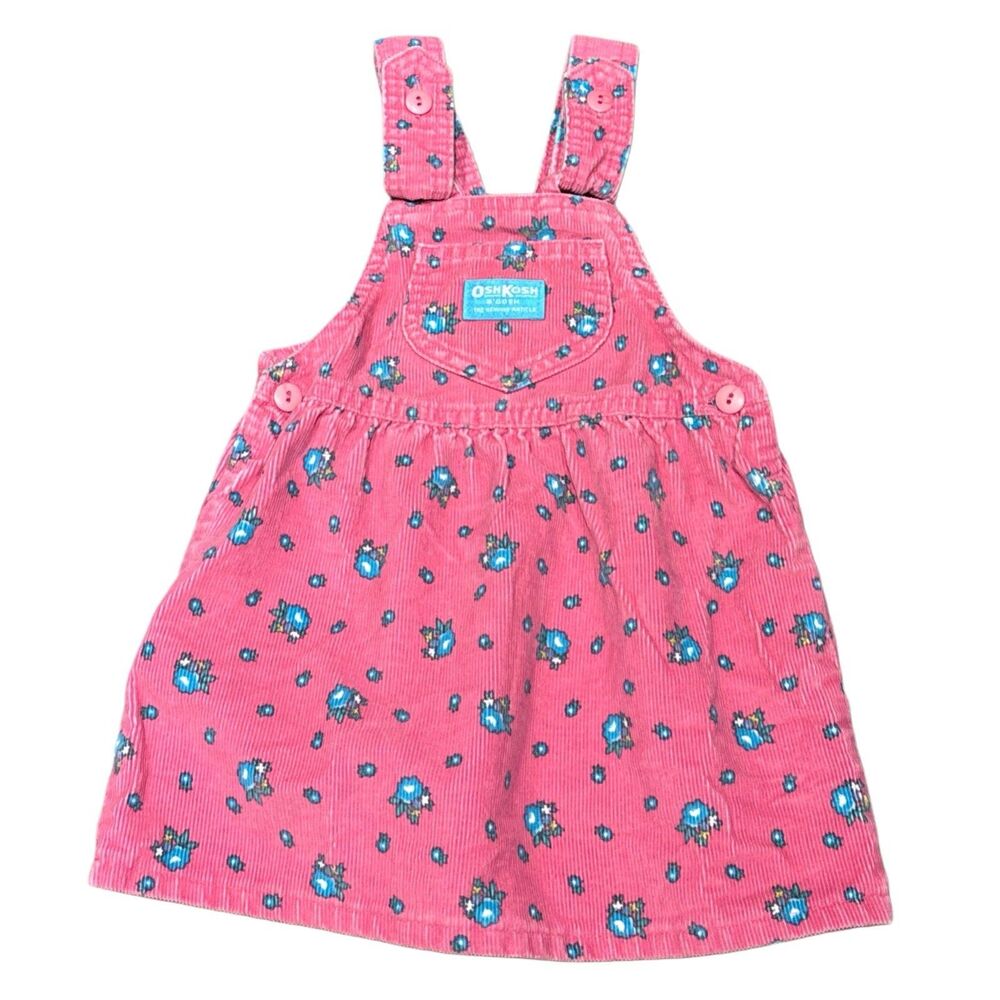 Vintage Oshkosh B’Gosh Corduroy Overall Pink Floral Dress Size 3T Union Made USA